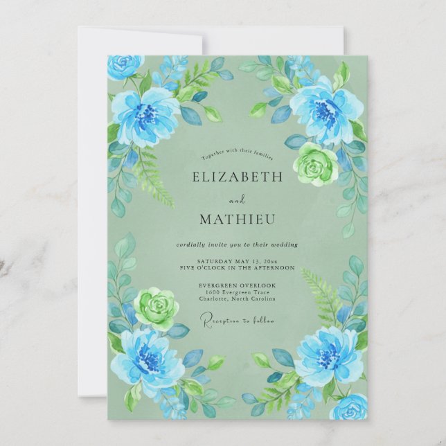 Azure Sage Watercolor Floral Wedding Invitation (Front)