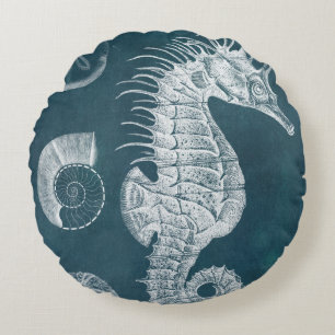 Azure Seahorse Study I Round Cushion