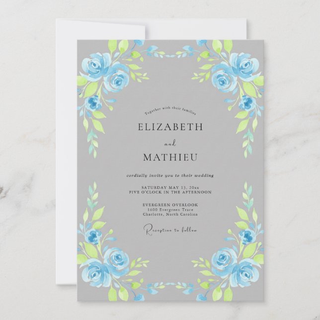 Azure Slate Leafy Wedding Invitation (Front)