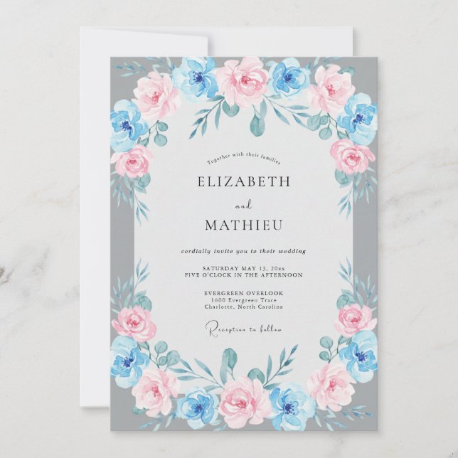 Azure Soft Blush Leafy Wedding Invitation (Front)