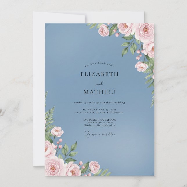 Azure Soft Pink Foliage Eucalyptus Wedding Invitation (Front)