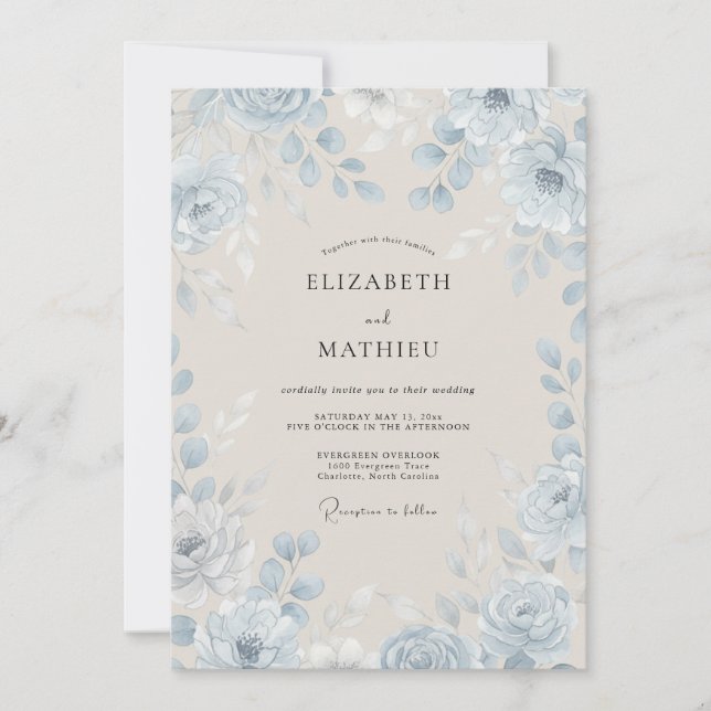 Azure Steel Painted Petal Wedding Invitation (Front)