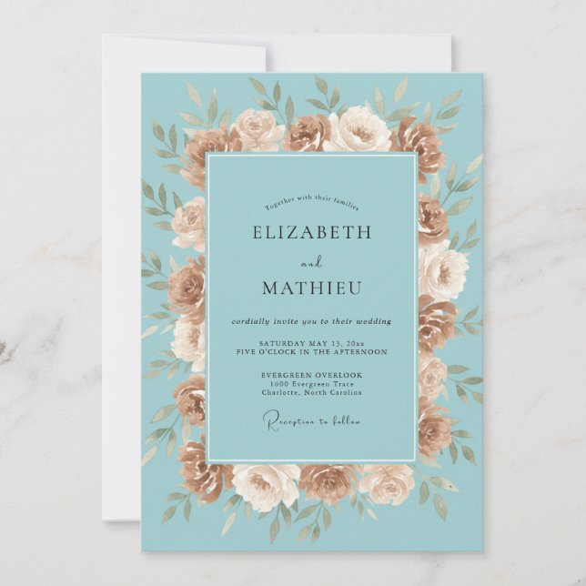 Azure Taupe Ranunculus Eucalyptus Wedding Invitation (Front)
