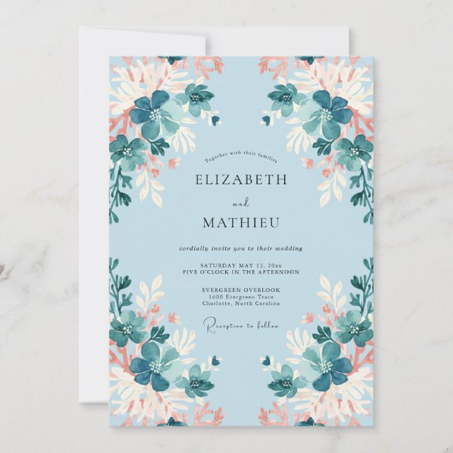 Azure Teal Leafy Wedding Invitation (Front)