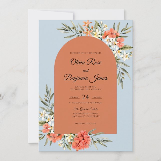 Azure Terracotta Leaf Wedding Invitation (Front)