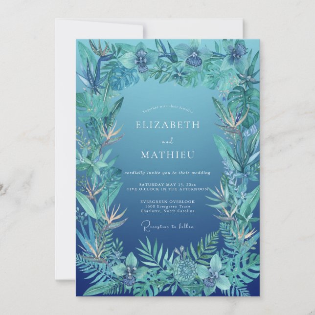 Azure Tropical Palm Eucalyptus Wedding Invitation (Front)