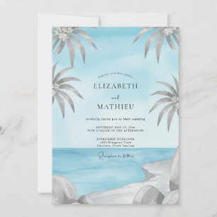 Azure Tropical Palm Grey Eucalyptus Wedding Invitation
