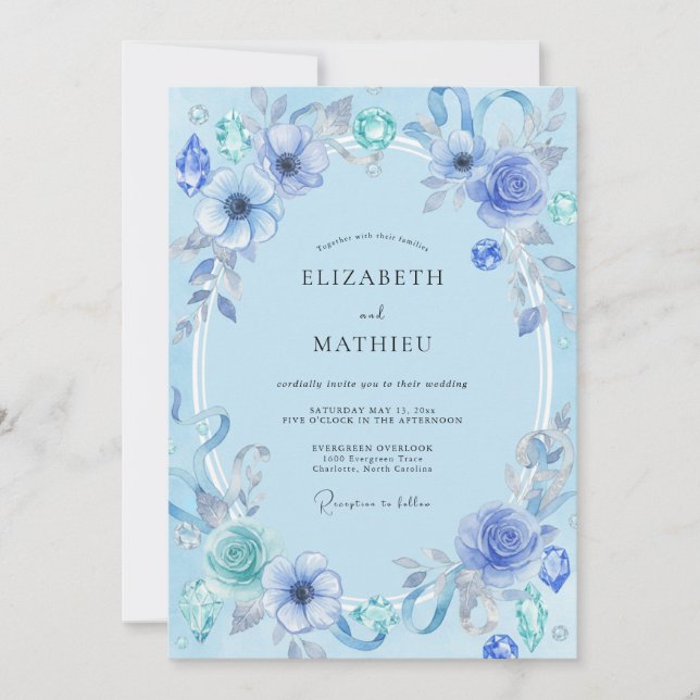 Azure Watercolor Jewel Wedding Invitation (Front)