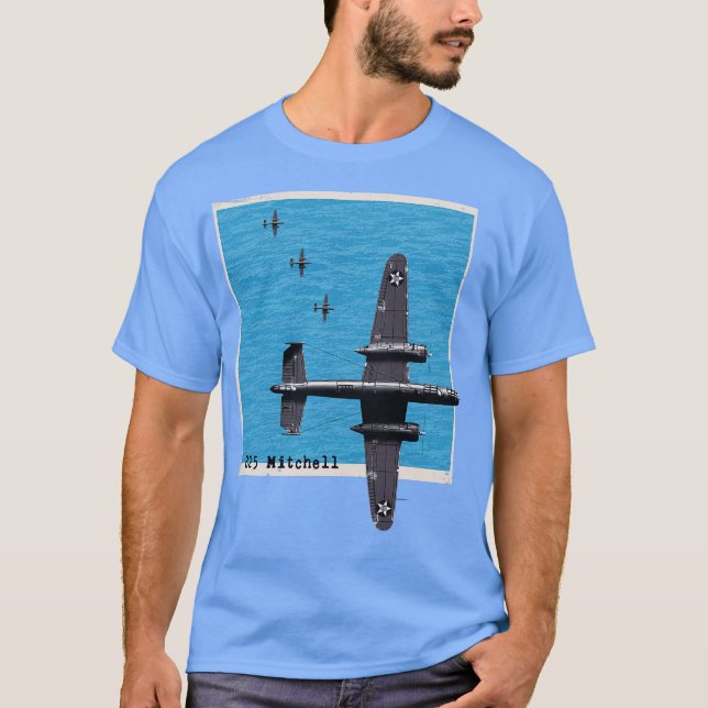 B25 Mitchell WW2 bomber aeroplane over the ocean T-Shirt (Front)