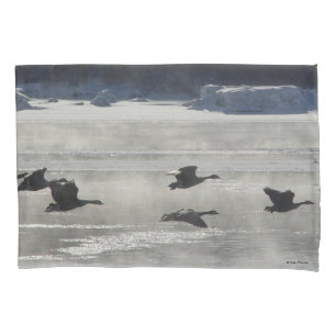 B47 Canadian Geese Over Frozen River Pillowcase