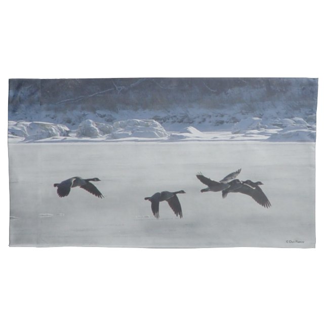 B48 Canadian Geese in Flight Over Frozen River Pillowcase (Front)