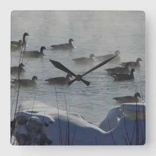 B49 Canadian Geese on Frozen River Square Wall Clock