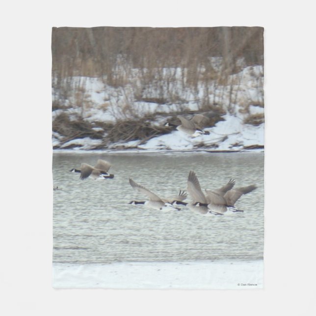 B7 Canadian Geese Over Frozen River Fleece Blanket (Front)
