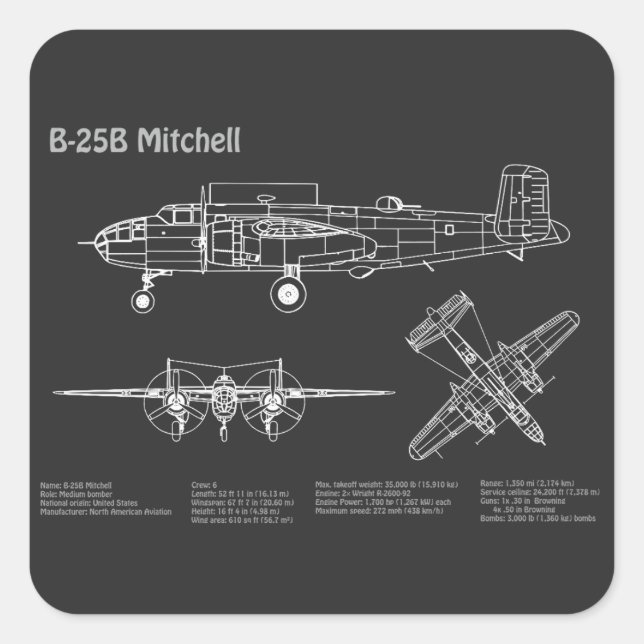 B-25B Mitchell Doolittle - Aeroplane Blueprint PD Square Sticker (Front)