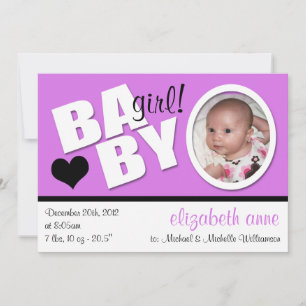 B A B Y Trendy Purple Photo Birth Announcement
