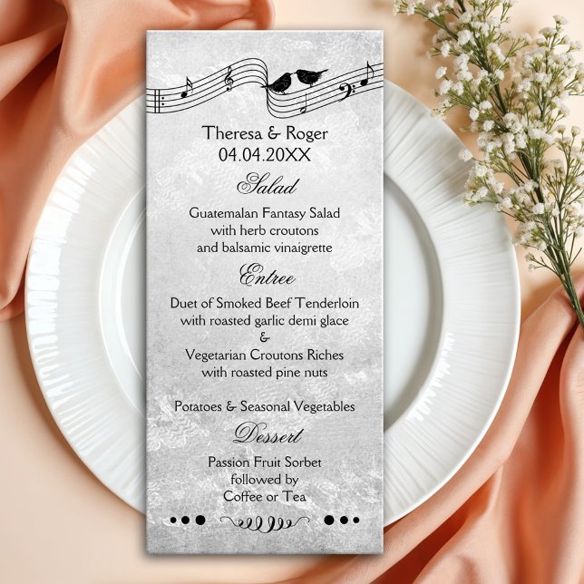 B and W Music Themed Wedding Menu Card (Menu card with a music theme in black and white, featuring singing love birds on lace)