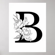 B botanical monogram. Letter initial with peonies