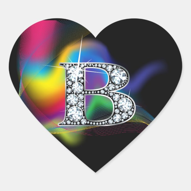 "B" Diamond Bling on Rainbow Swirl Heart Sticker (Front)
