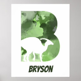 "B" Dinosaur Watercolor Green Child's Name Poster