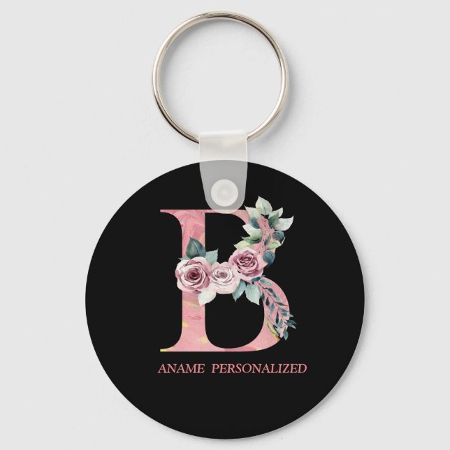 B Floral Monogram Name Letters Pink Agate Keychain (Front)
