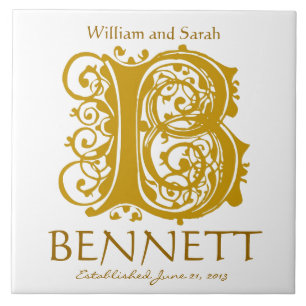 B Gold Monogram on White - Names Wedding Date Tile