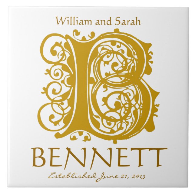 B Gold Monogram on White - Names Wedding Date Tile (Front)