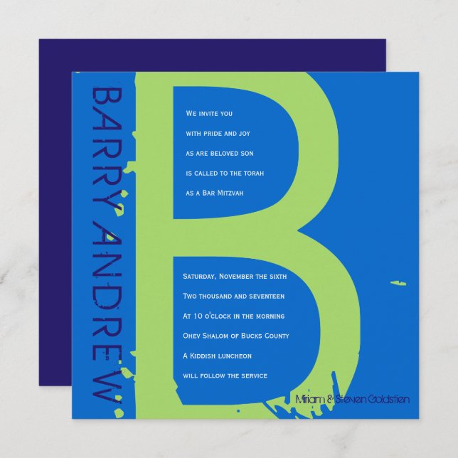B INITIALS COLLECTION Bar Bat Mitzvah Invitation (Front/Back)
