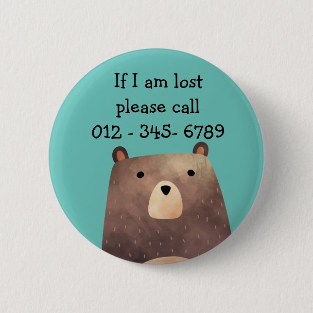 B is for Bear,  Child Emergency Contact 6 Cm Round Badge (Front)