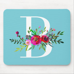 B Letter Initial Monogram Floral Custom Color Mouse Pad