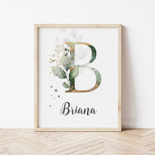 B Letter Monogram Greenery Nursery Name Wall Print