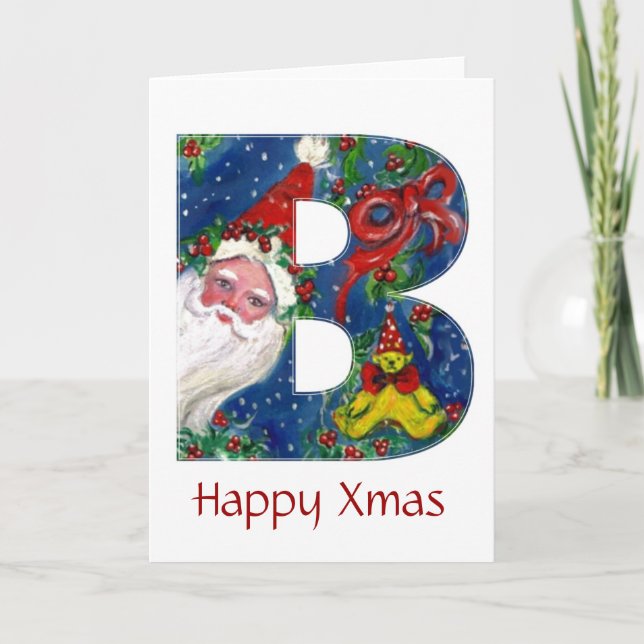 B LETTER / SANTA CLAUS WITH RED RIBBON MONOGRAM HOLIDAY CARD (Front)