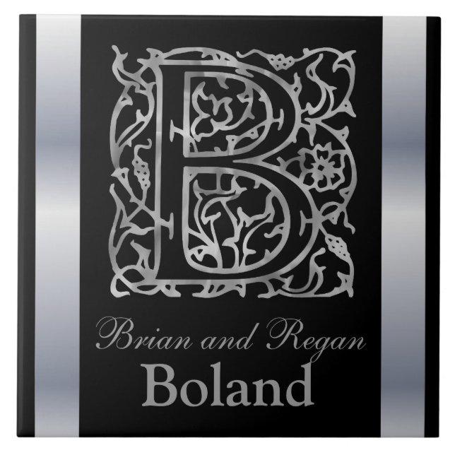 B Monogram and Name "Besque on Black" Ceramic Tile (Front)