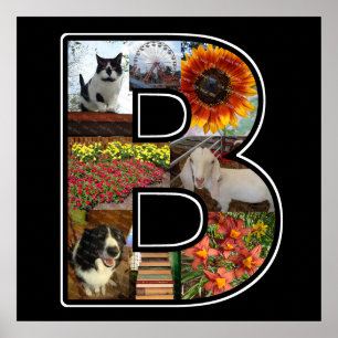 B Monogram Create Your Own 8 Photo Collage Black Poster