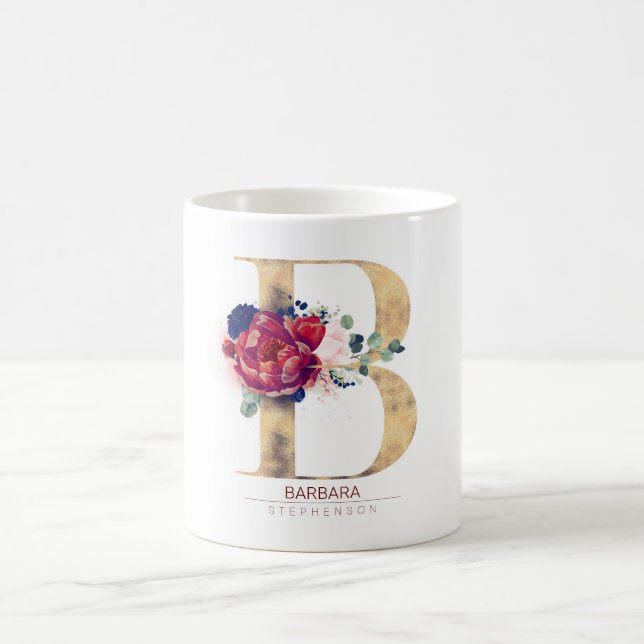 B Monogram Floral Burgundy Red and Navy Blue Coffee Mug (Center)