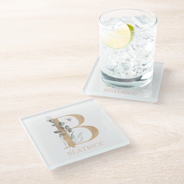 B Monogram Floral Personalised Glass Coaster (Angled)