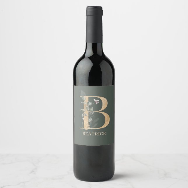 B Monogram Floral Personalised Wine Label (Front)