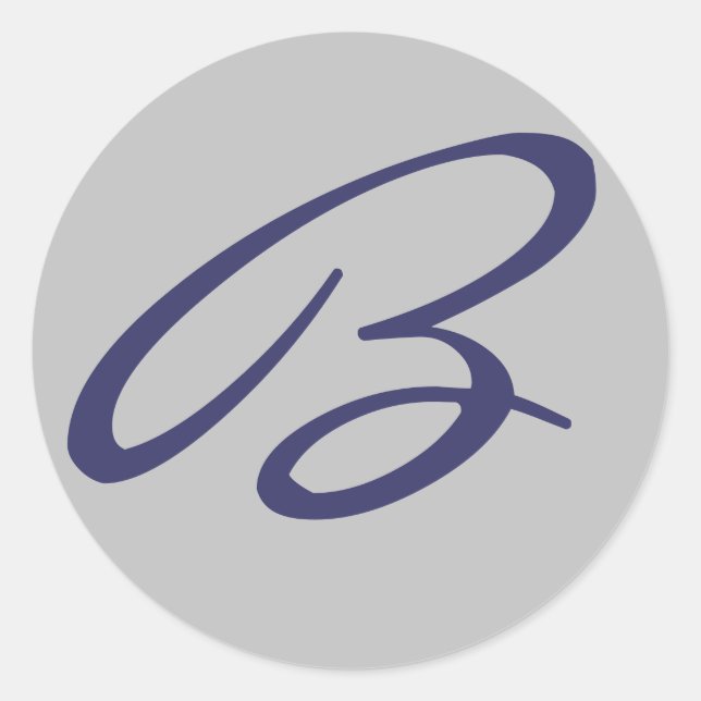 "B" MONOGRAM GRAY AND NAVY BLUE CLASSIC ROUND STICKER (Front)