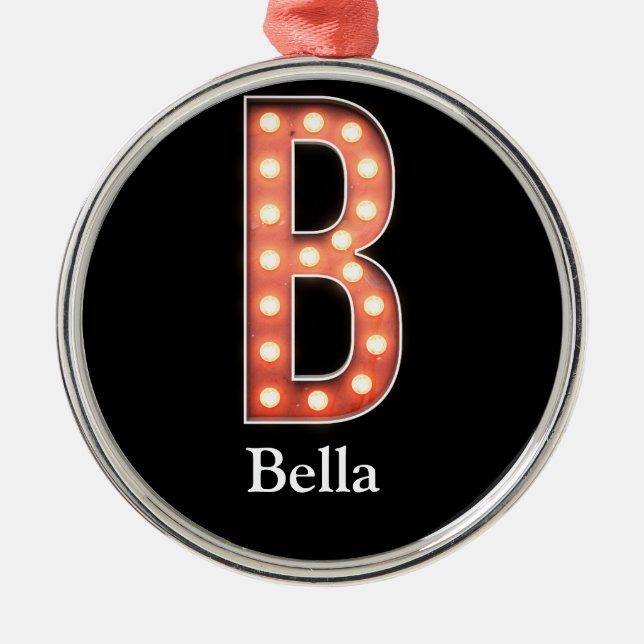 B Monogram Marquee Bulb Personalise Metal Ornament (Front)