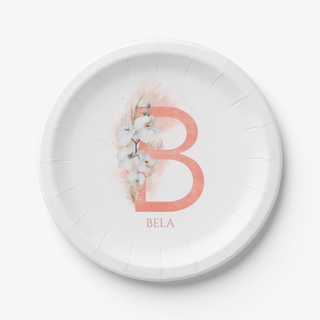 B Monogram Name Pampas Grass White Orchids Paper Plate (Front)
