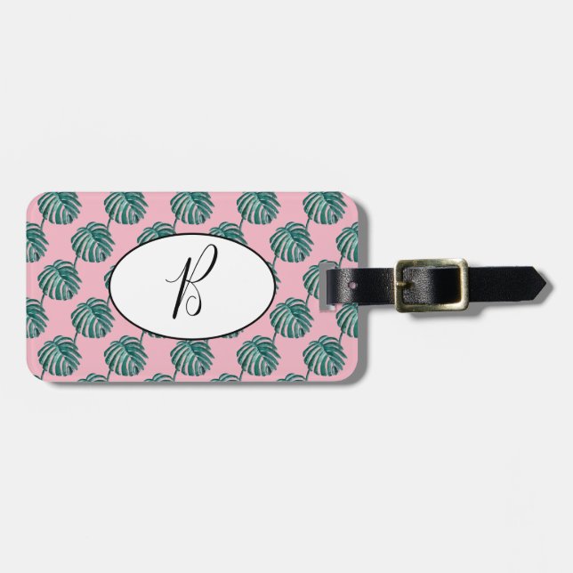 B Monogram Palm Print Turquoise Luggage Tag (Front Horizontal)