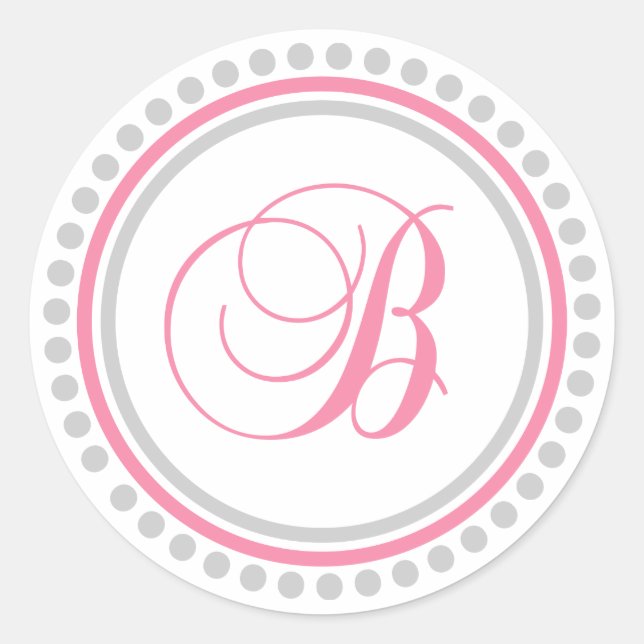 B Monogram (Pink / Silver Dot Circle) Classic Round Sticker (Front)