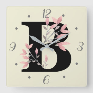 B Monogram with Pink Floral Sprays Square Wall Clock