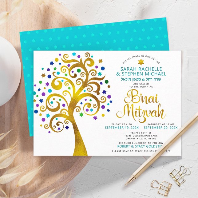 B’nai Mitzvah Turquoise Gold Tree of Life 2 Date Invitation (Creator Uploaded)