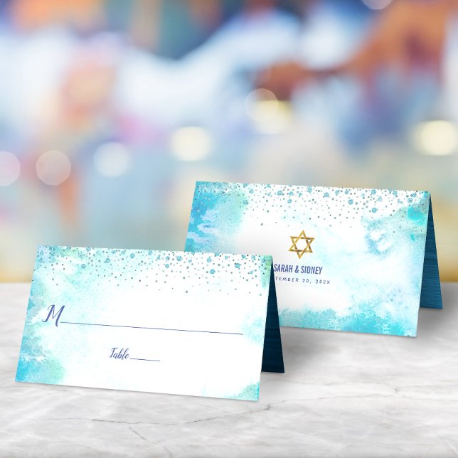 B’nai Mitzvah Turquoise Watercolor Custom Names Place Card (Creator Uploaded)