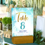 B’nai Mitzvah Turquoise Watercolor Gold Script Table Number<br><div class="desc">No B’nai Mitzvah party is complete without personalised table number cards. Let your favourite B’nai Mitzvahs be proud, rejoice and celebrate their milestone at their perfectly coordinated party. Stunning, modern, sparkly gold faux foil handwritten script and tiny blue confetti dots overlay a turquoise blue watercolor background. Personalise the custom text...</div>