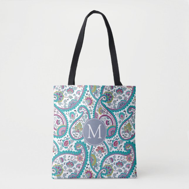 B Persian  Boteh Paisley Pattern Monogram Tote Bag (Front)