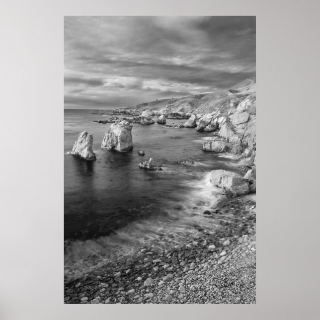 B&W beach coastline, California Poster (Front)