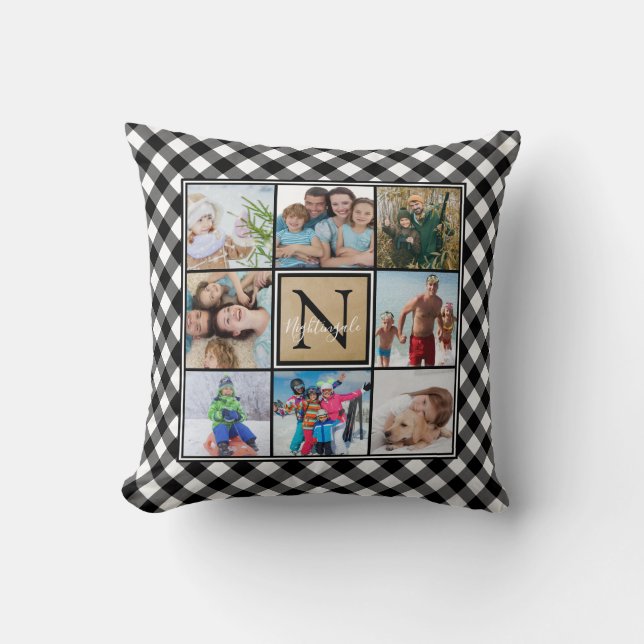 B&W Buffalo Check 8 Photo Monogram & Name Cushion (Front)