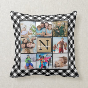 B&W Buffalo Check 8 Photo Monogram & Name Cushion