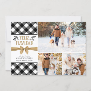 B&W Buffalo Check Gold Brown HAPPIZ NAVIDAD Holiday Card